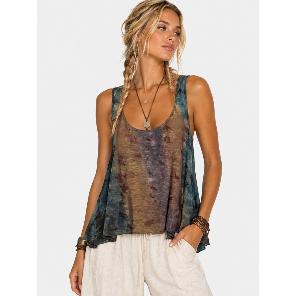 Woo. California Tie Dye Slub Knit Racerback Tank Top Brown Blue L
